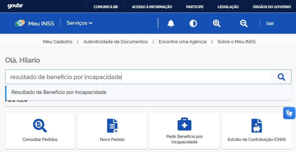 Imagem de pesquisa dentro do site do MEU INSS