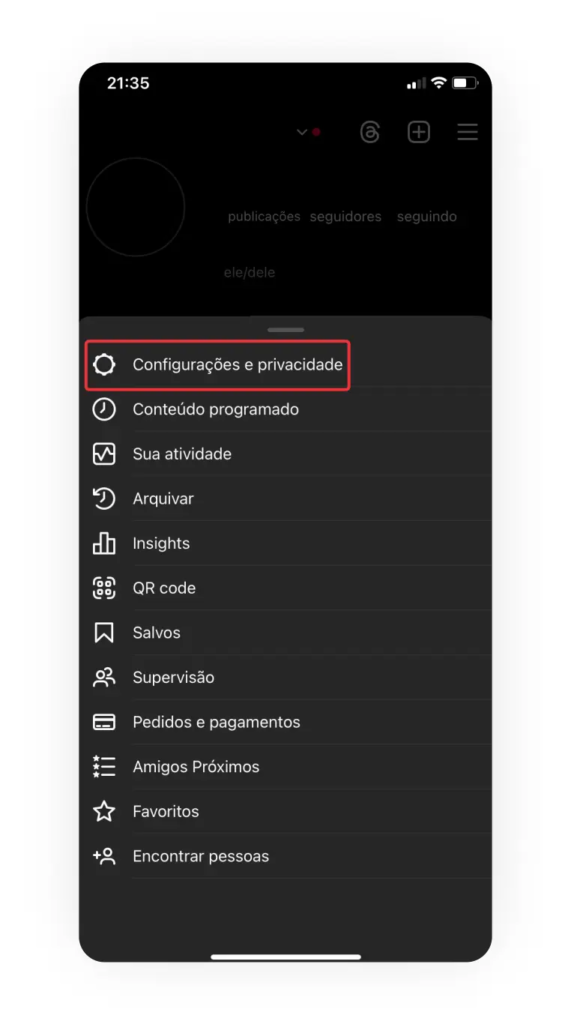 Configurações e privacidade do instagram