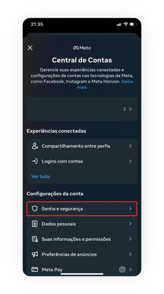 senha e segurança instagram