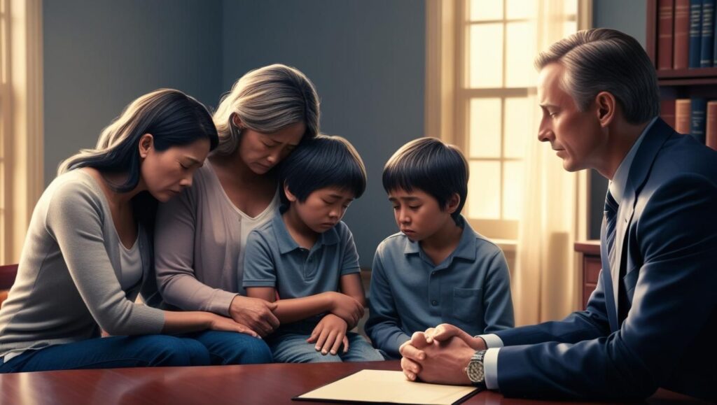 família-enlutada-por-perder-o-genitor-em-acidente-de-trabalho-conversando-com-um-advogado