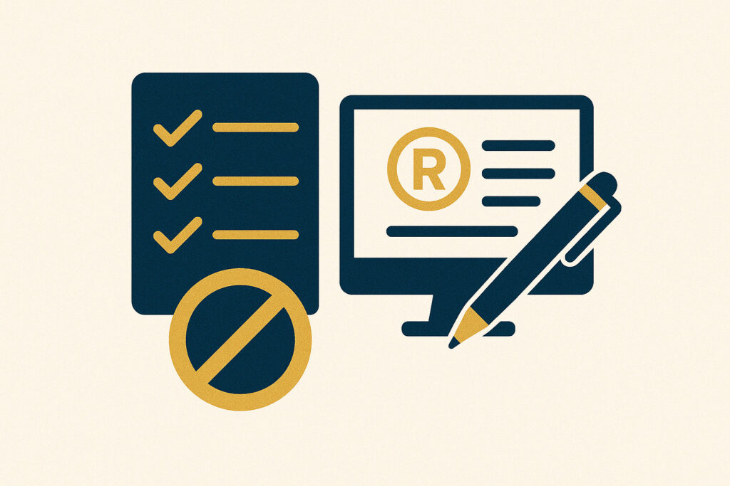 Checklist, formulário digital e símbolo de marca registrada representando o passo a passo para registrar uma marca no INPI