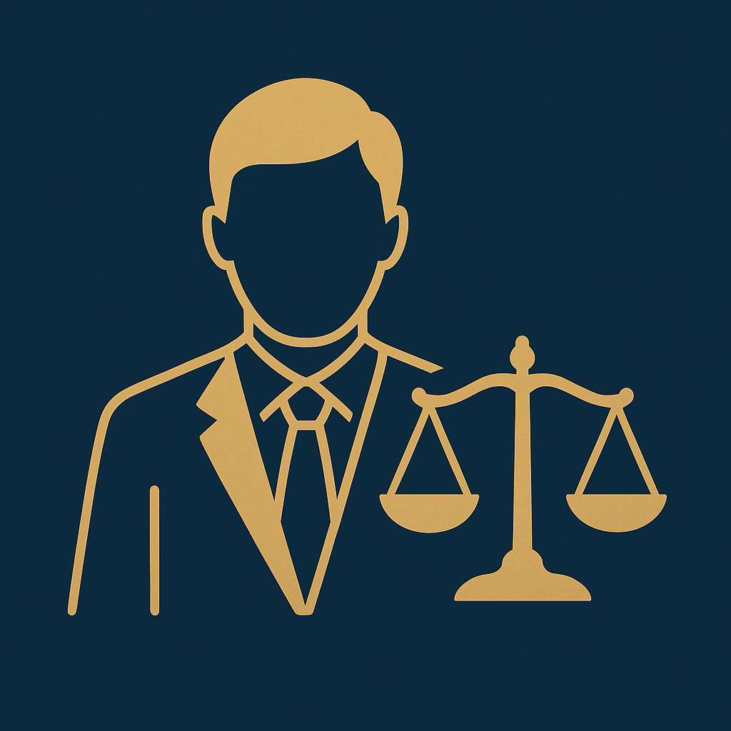 Ilustração dourada de advogado e balança da justiça sobre fundo azul escuro, representando a contratação de advogado de defesa trabalhista.