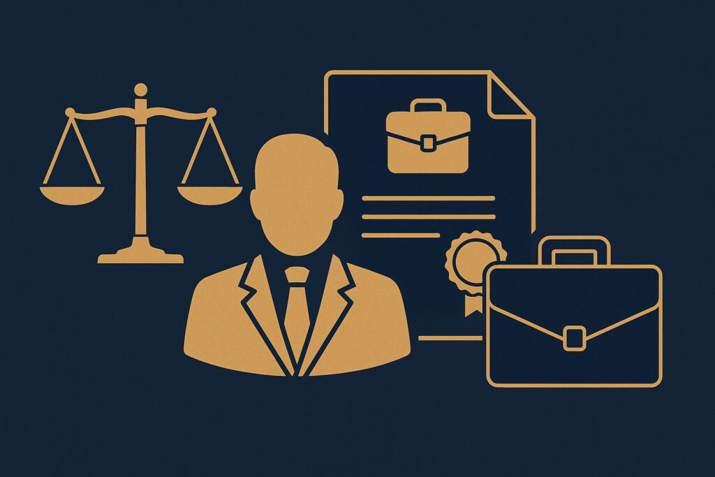 Ilustração dourada com advogado, balança da justiça, maleta e documento, representando as funções do advogado de defesa trabalhista para empresas.