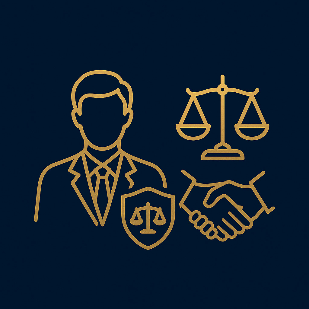 Ícones dourados com advogado, escudo jurídico, balança da justiça e aperto de mãos, representando a importância de contratar um advogado de defesa trabalhista para empresas.