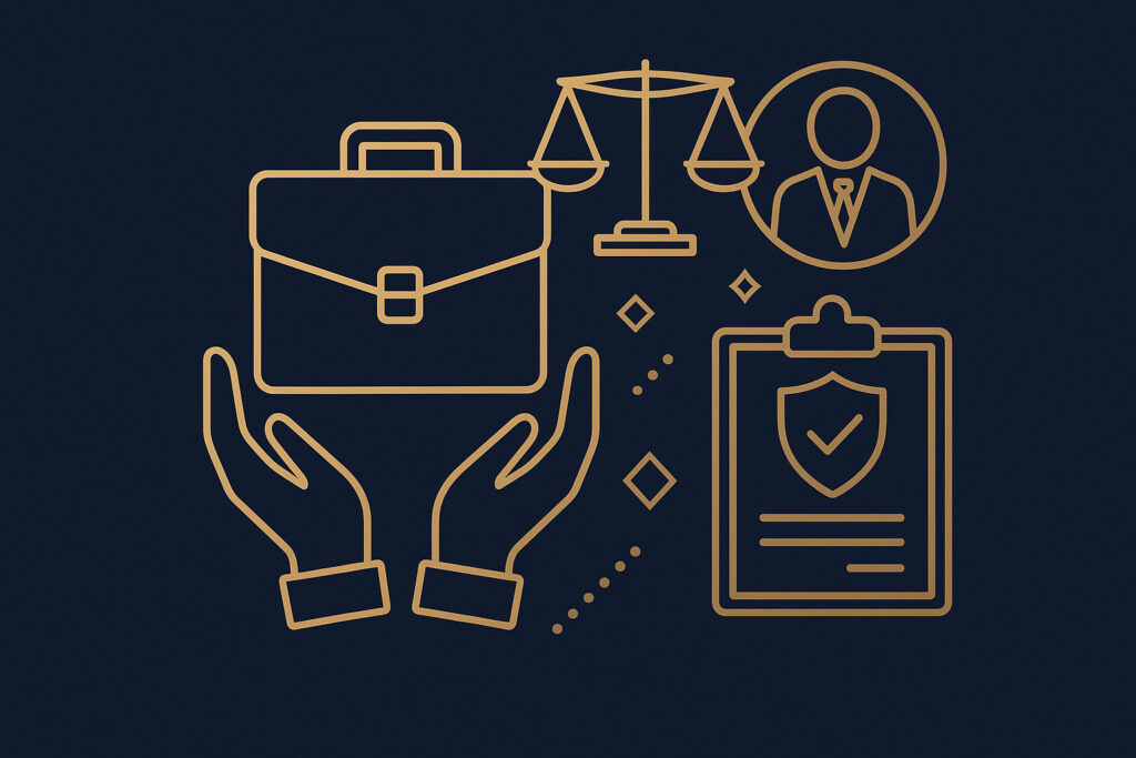 Ícones dourados representando a atuação de um advogado de defesa trabalhista para empresas, com balança da justiça, pasta e mãos simbolizando proteção jurídica.