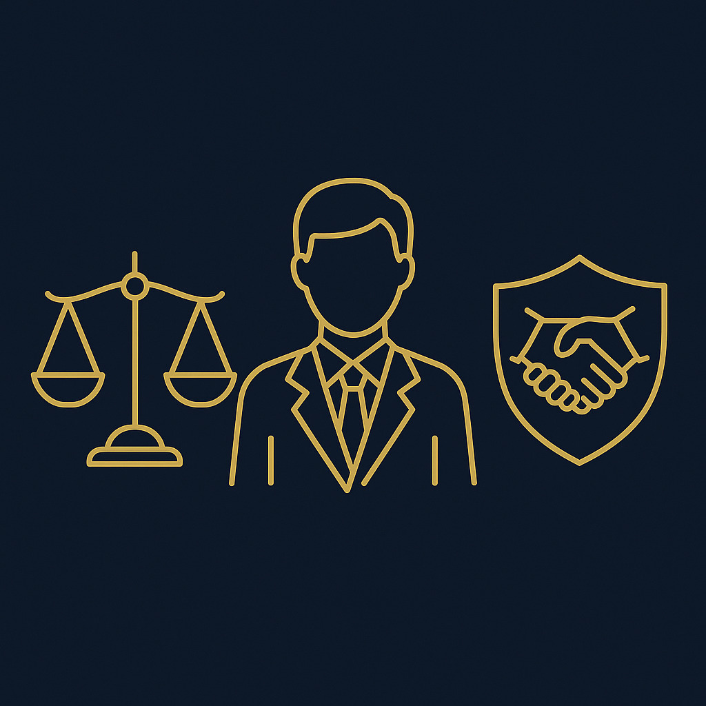 Ícones dourados em fundo azul representando um advogado, balança da justiça e aperto de mãos, simbolizando confiança e especialização na defesa dos direitos trabalhistas.