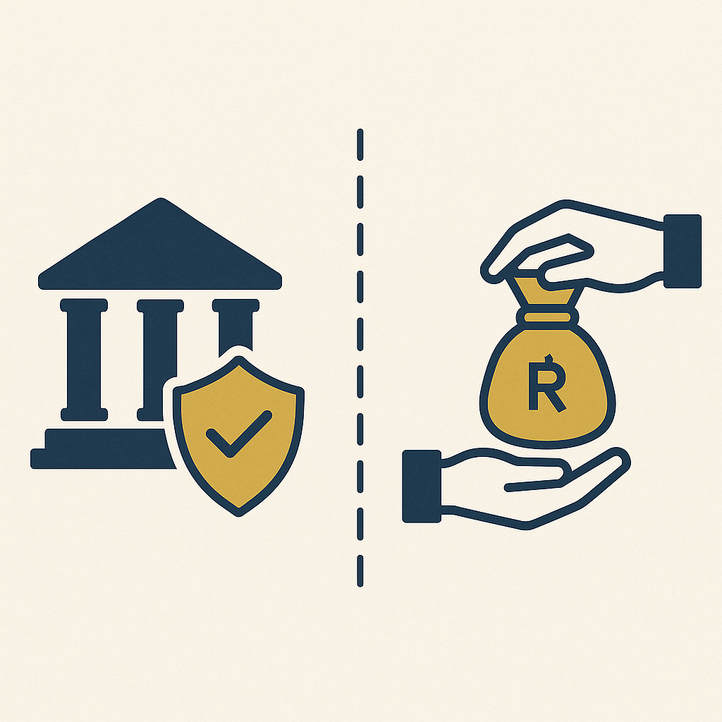 Ilustração mostrando a diferença entre improbidade administrativa e corrupção, com ícones de instituição pública e troca de dinheiro.




