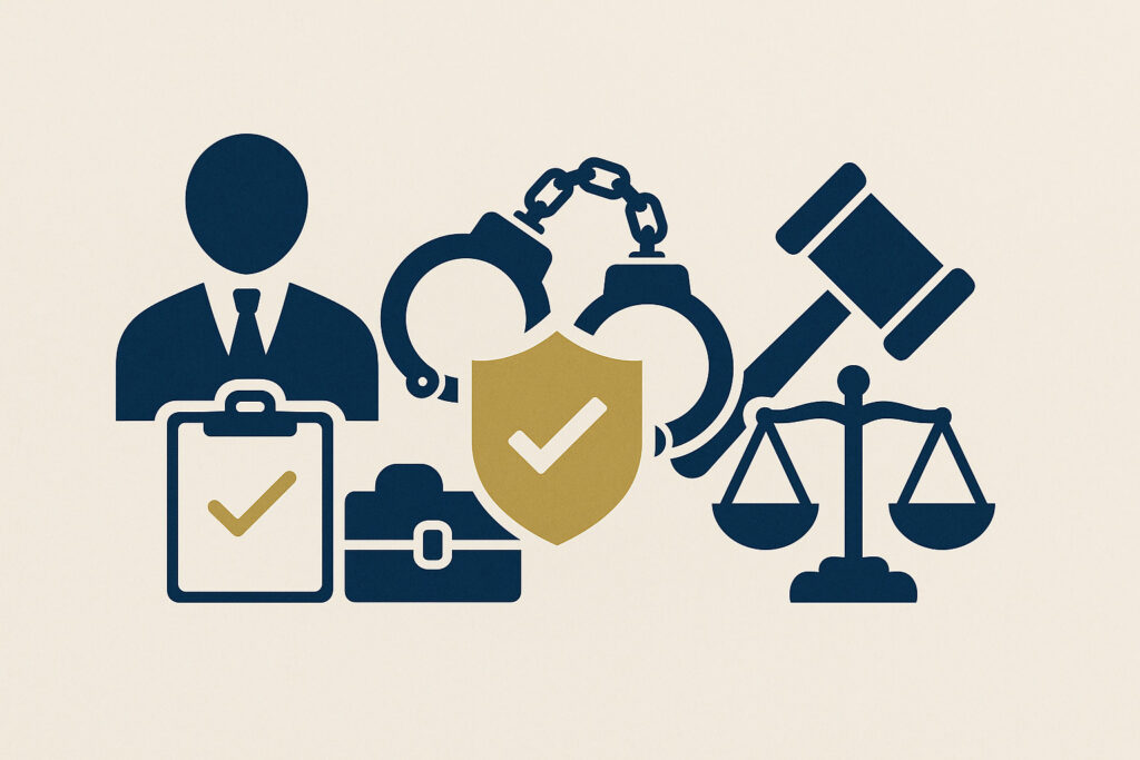 Ilustração representando os direitos e ações do servidor público acusado de corrupção, com advogado, escudo, algemas e balança da justiça.