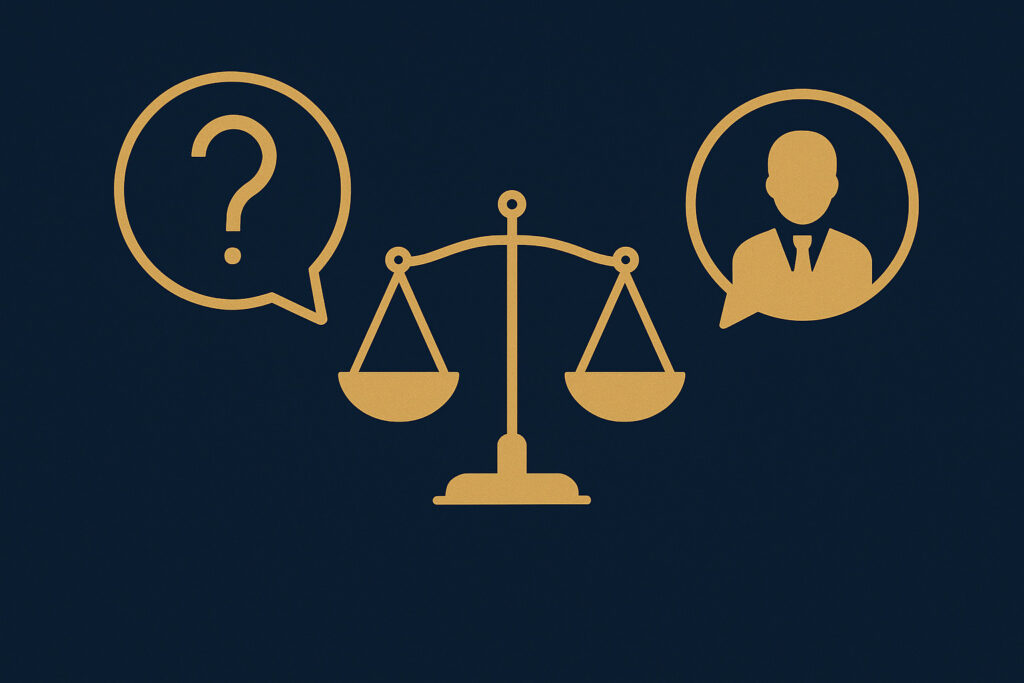 Ícones dourados em fundo azul representando balança da justiça e balões de fala com interrogação e advogado, simbolizando perguntas frequentes sobre defesa trabalhista.