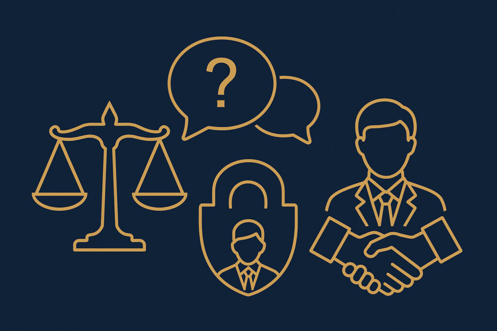 Ícones dourados com balança da justiça, balões de fala com interrogação e advogado empresarial, representando perguntas frequentes sobre advogado de defesa trabalhista para empresas.