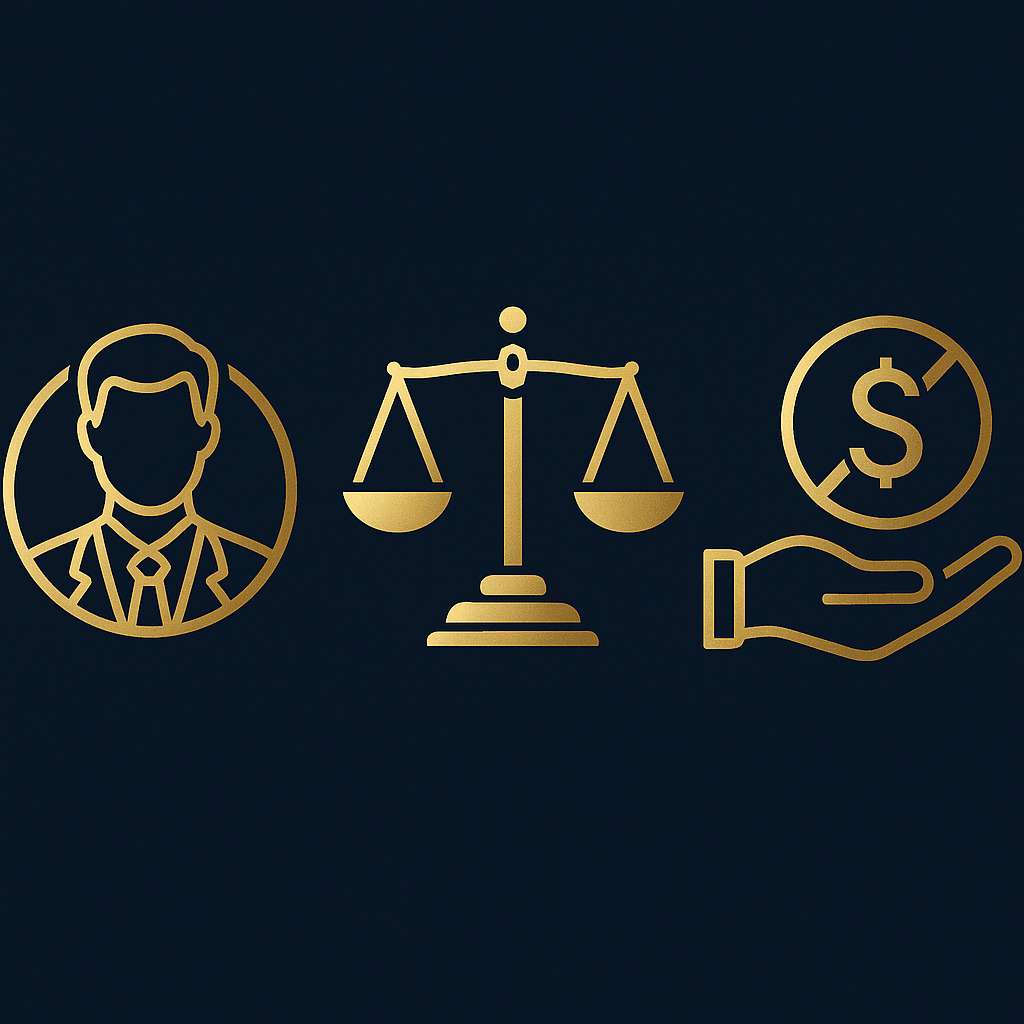Ícones dourados de balança da justiça, executivo e mão com símbolo de dinheiro cortado, representando os impactos legais de uma demissão injusta e direitos trabalhistas violados