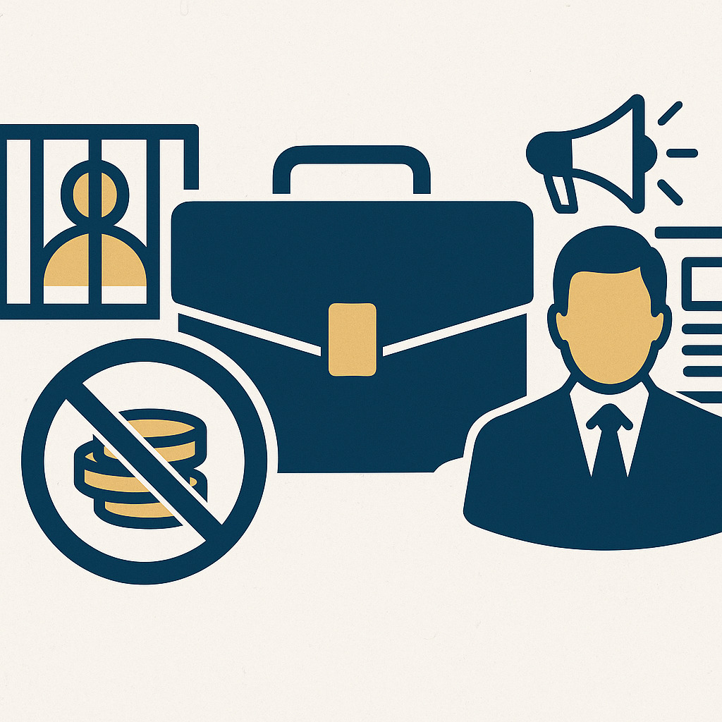 Ilustração mostrando prisão, proibição financeira e exposição na mídia como impactos legais para servidor público acusado de corrupção