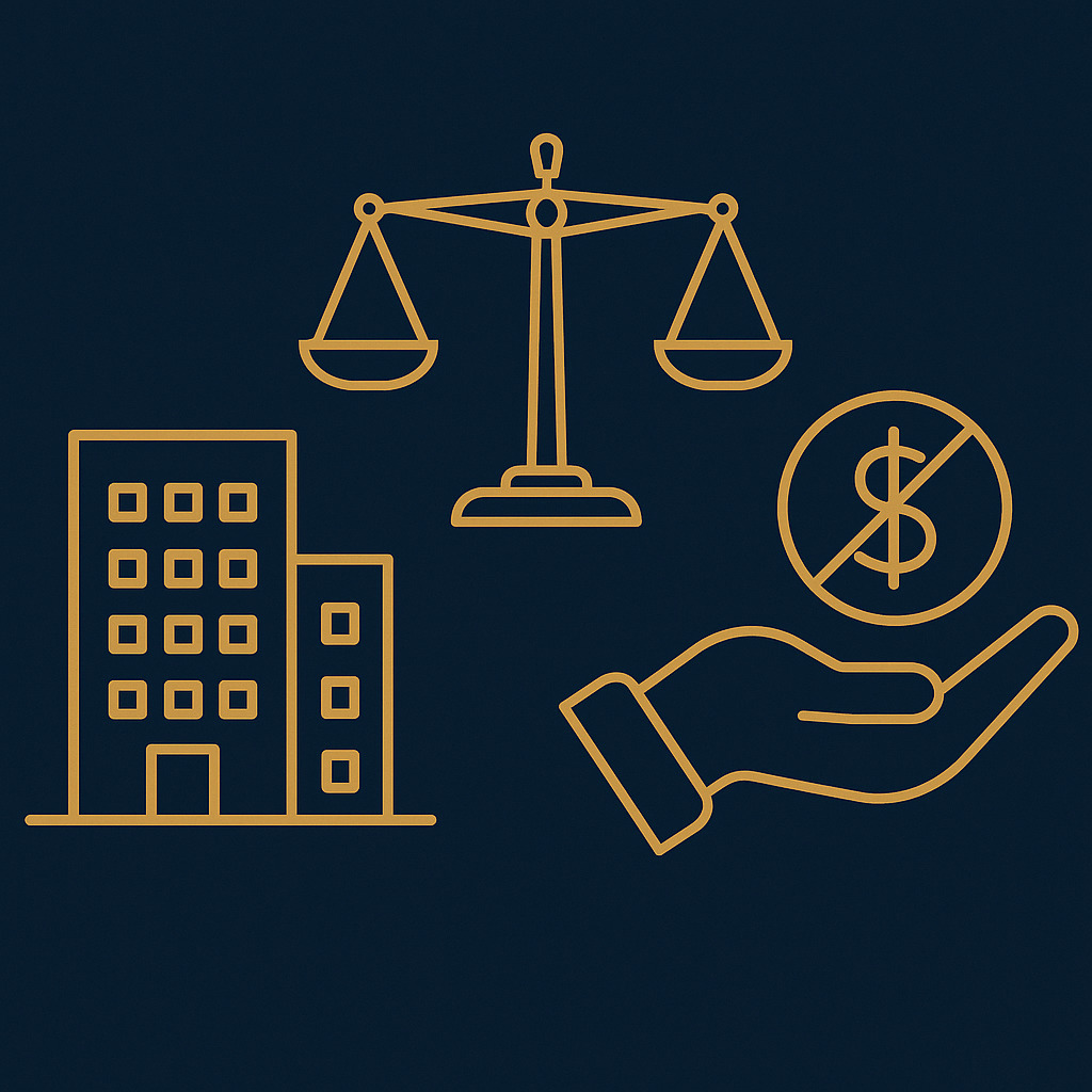 Ilustração dourada com edifício empresarial, balança da justiça e mão segurando moeda riscada, simbolizando os impactos de um processo trabalhista na empresa.