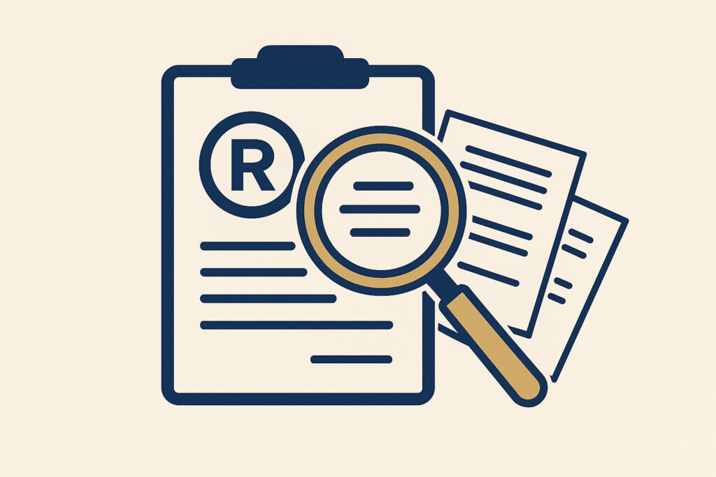 Checklist, formulário digital e símbolo de marca registrada representando o passo a passo para registrar uma marca no INPI