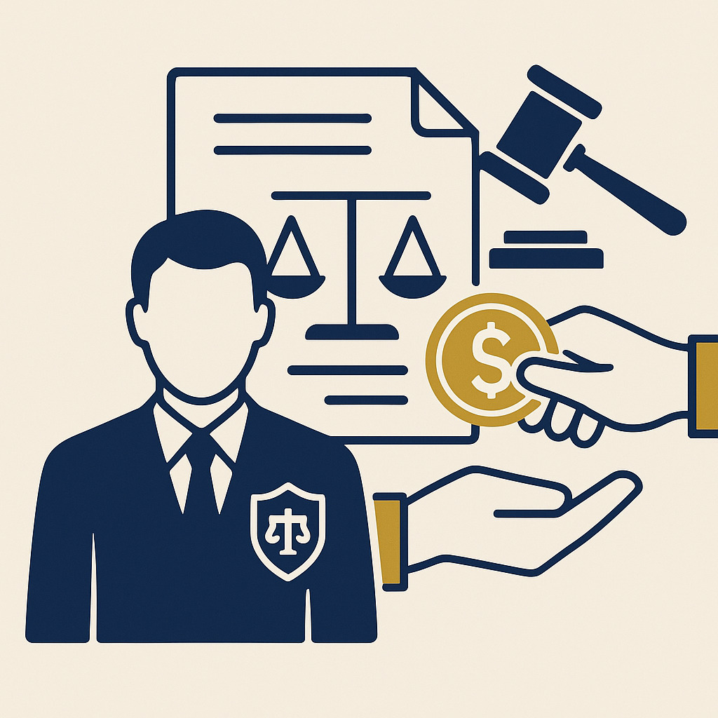 Ilustração conceitual de servidor público com símbolo da justiça, moeda e documentos legais, representando a acusação de corrupção e sua natureza jurídica