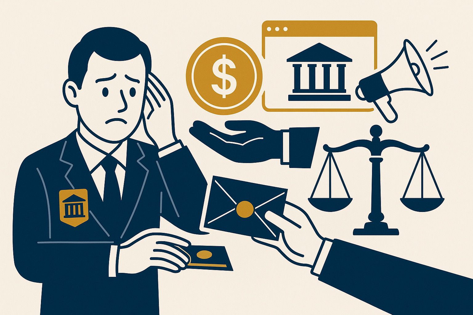 Servidor público acusado de corrupção em situação de julgamento, ícones representando justiça, mídia e suborno.