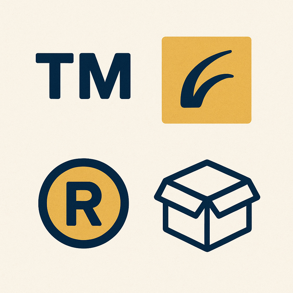 Ícones representando os quatro tipos de marcas para registro: nominativa, figurativa, mista e tridimensional conforme classificação do INPI