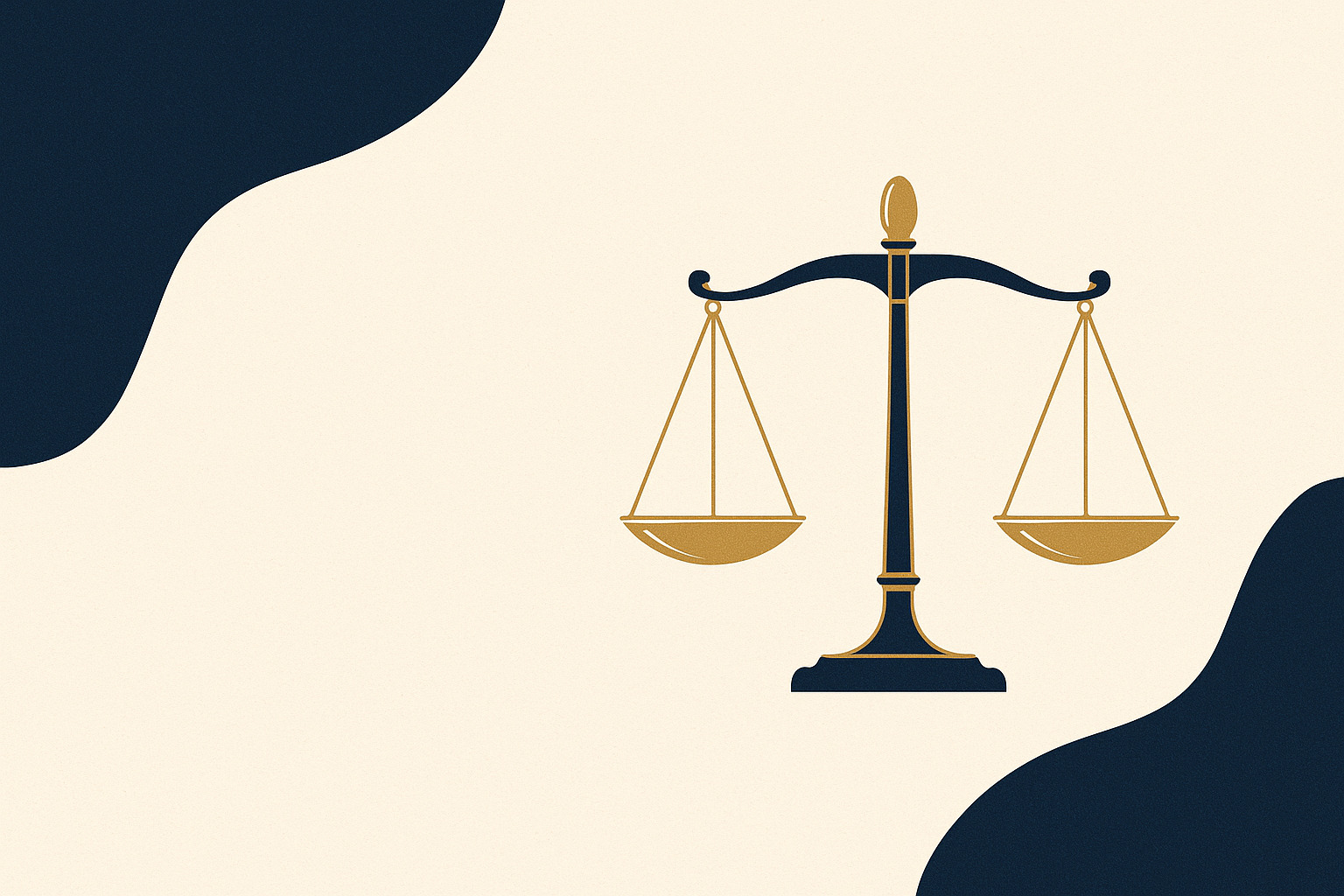 Balança azul-escuro e dourada simbolizando defesa em ação de improbidade administrativa, com espaço negativo para título