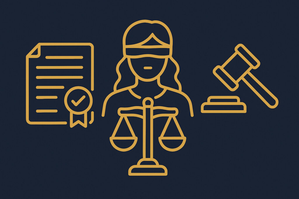 Ícones dourados representando Justiça do Trabalho: documento legal, deusa da justiça com balança e martelo do juiz, sobre fundo azul escuro