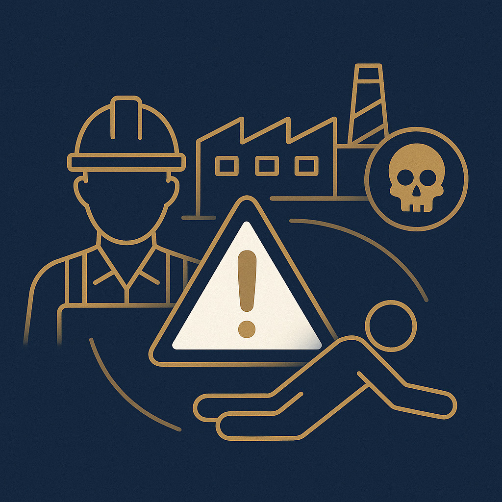 Ilustração representando acidente de trabalho com morte, com ícones de segurança, fábrica e símbolo de perigo em azul escuro e dourado