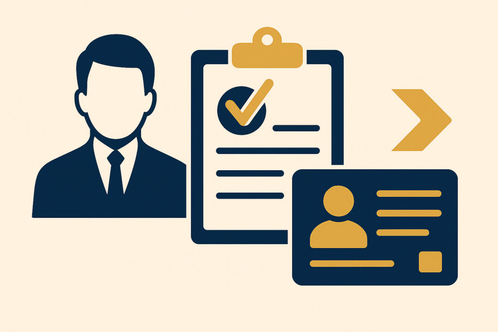 Ilustração de trabalhador com documentos, identificação e checklist representando ações legais e direitos