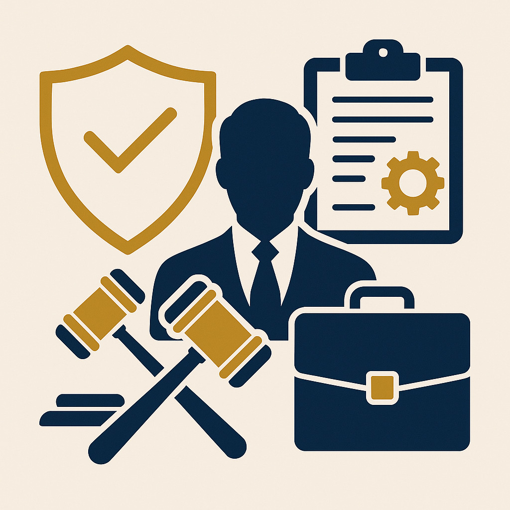  Ilustração vetorial com escudo dourado, martelos de juiz cruzados, profissional jurídico, clipboard com engrenagem e pasta, simbolizando estratégias e proteção jurídica.