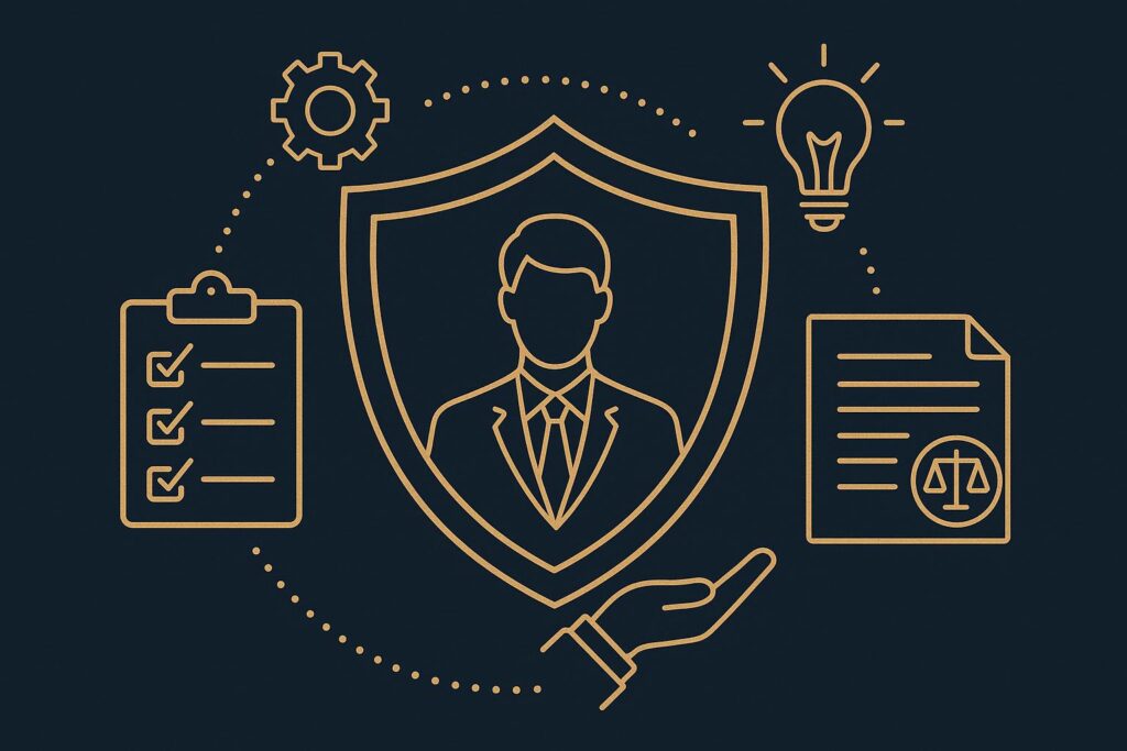 Ilustração de proteção empresarial com escudo, lista de ações e documentos legais representando direitos do empresário para reduzir custos trabalhistas