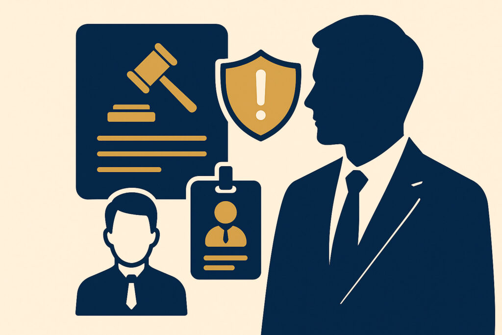 Ilustração de advogado e símbolos jurídicos representando a importância de assistência especializada