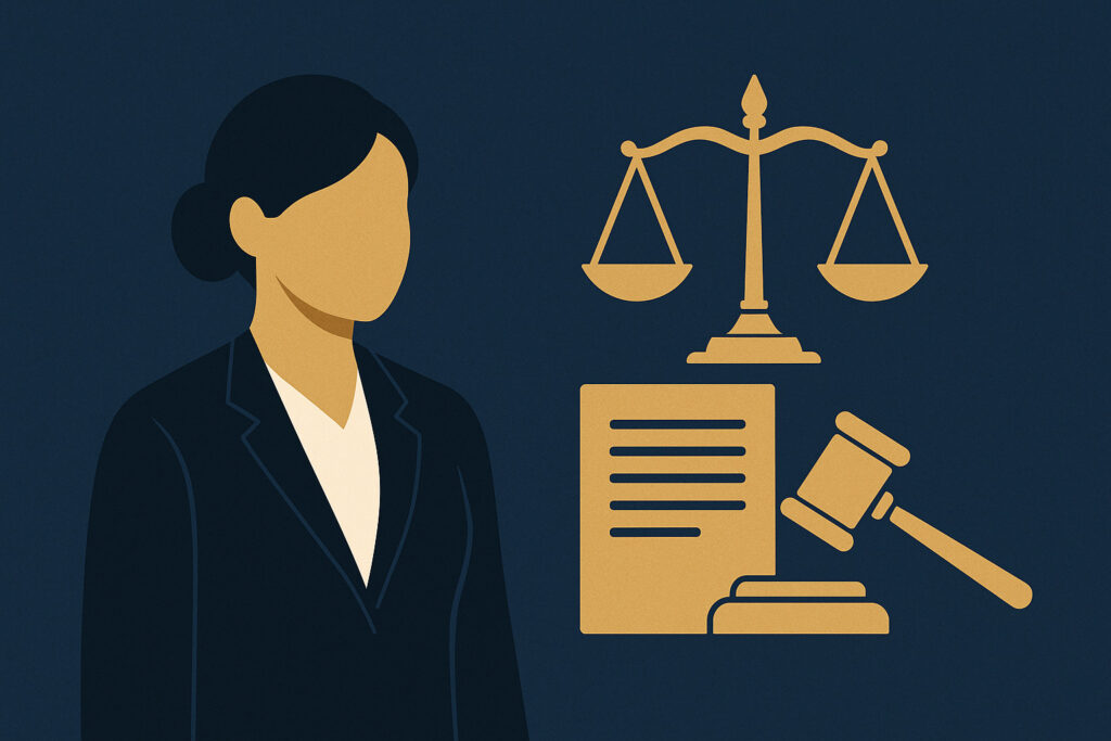 Ilustração de advogada em azul escuro ao lado de ícones dourados de balança da justiça, gavel e documento, representando orientação jurídica especializada