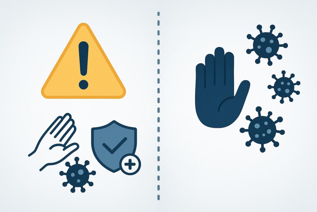 Sinal de alerta dourado, ícones de propagação digital sendo bloqueados em azul escuro, símbolos de proteção urgente