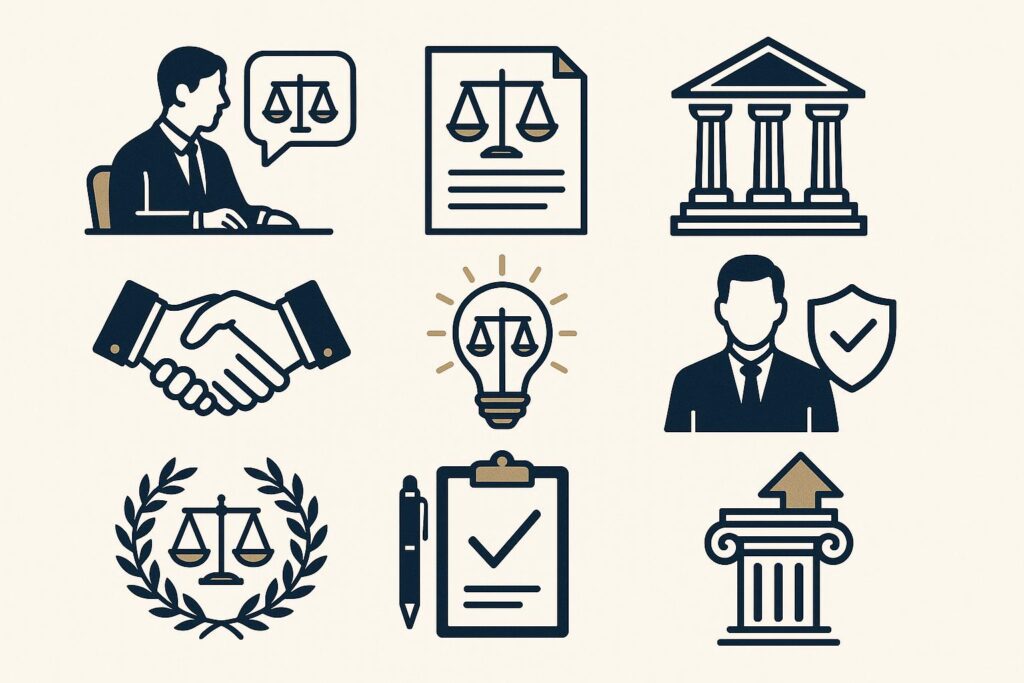 Ilustração de assessoria jurídica mostrando consulta profissional, documentos legais e expertise para reduzir custos com processos trabalhistas