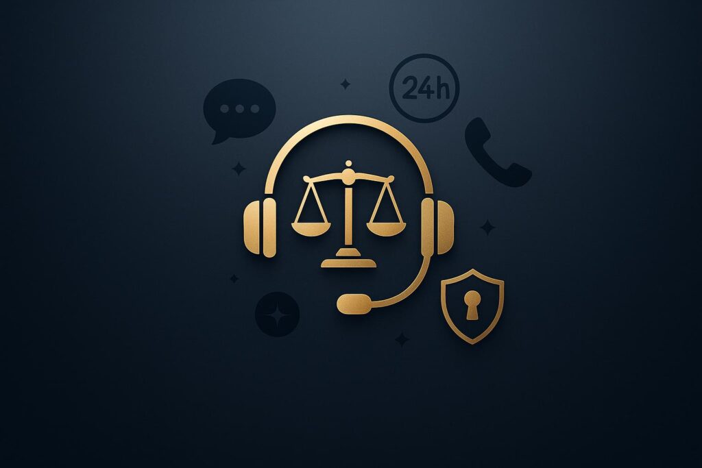 Headset de atendimento dourado, ícones de comunicação em azul escuro, símbolos de suporte 24h e confidencialidade.