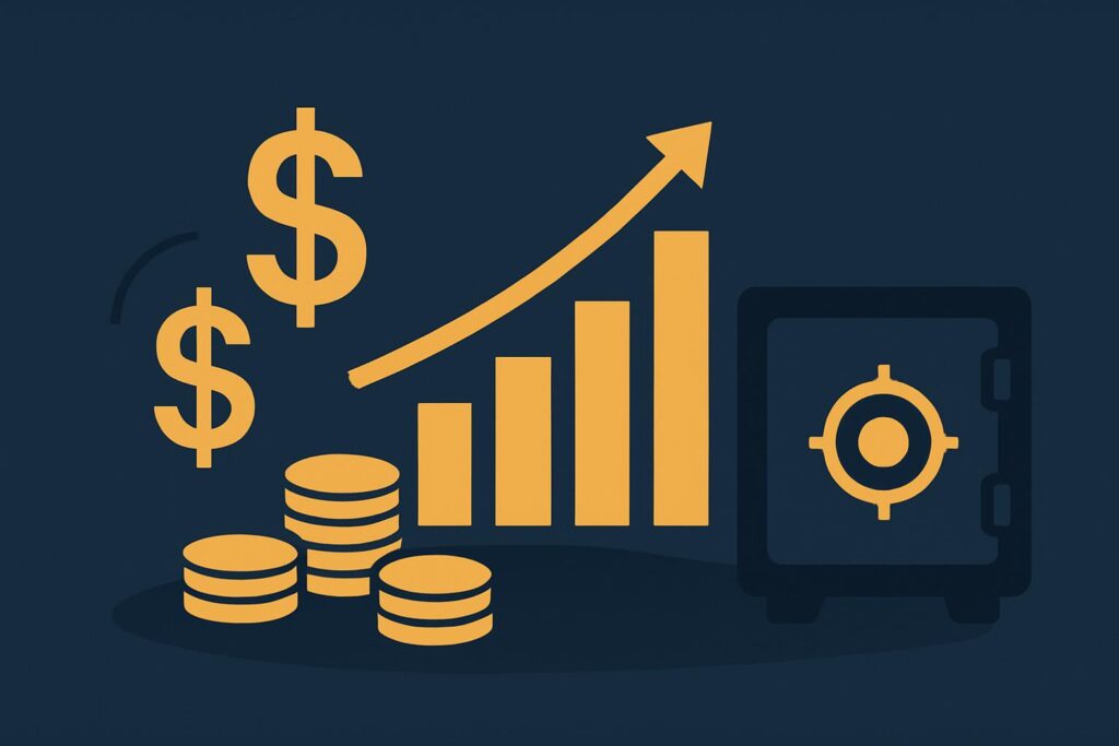 Benefícios financeiros da blindagem trabalhista: cifrões, moedas e gráfico de crescimento