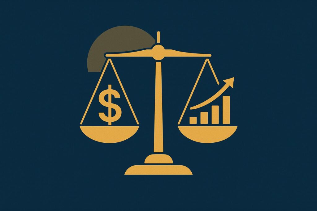 Conclusão da blindagem trabalhista: balança da justiça e gráfico de crescimento financeiro