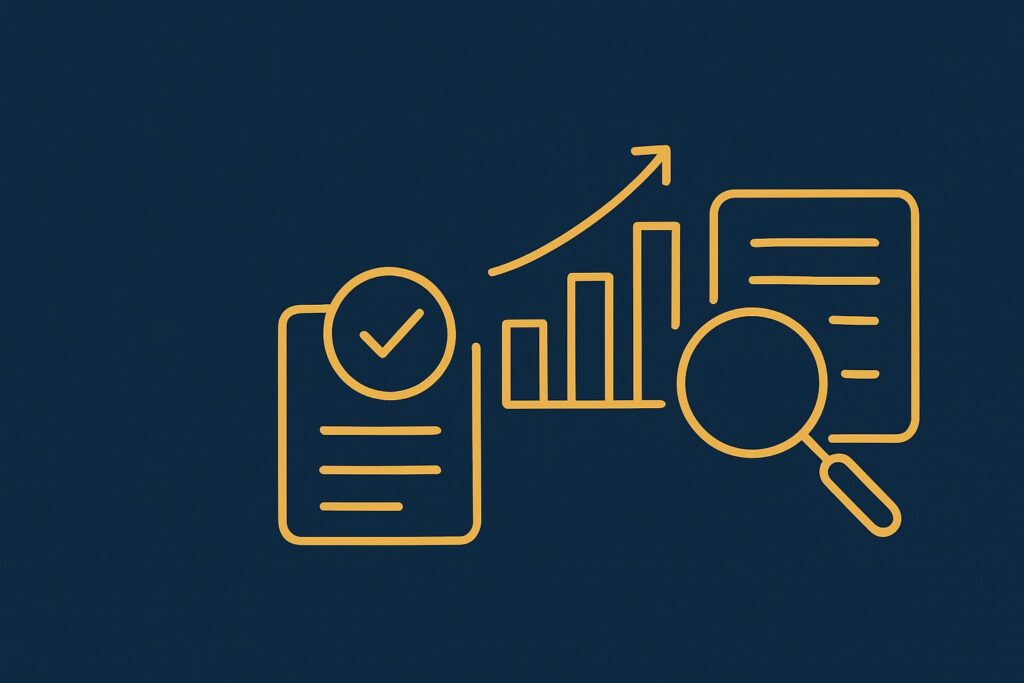 Estudos de caso de sucesso em blindagem trabalhista: documento com checkmark e lupa