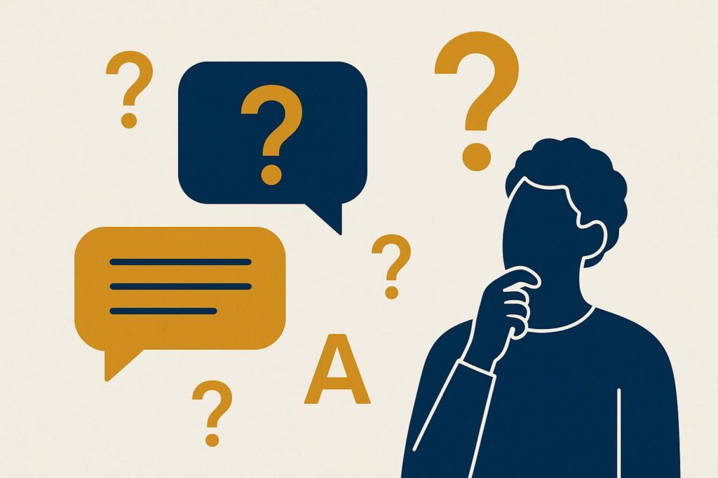 FAQ sobre blindagem trabalhista: pessoa pensando com balões de fala e pontos de interrogação