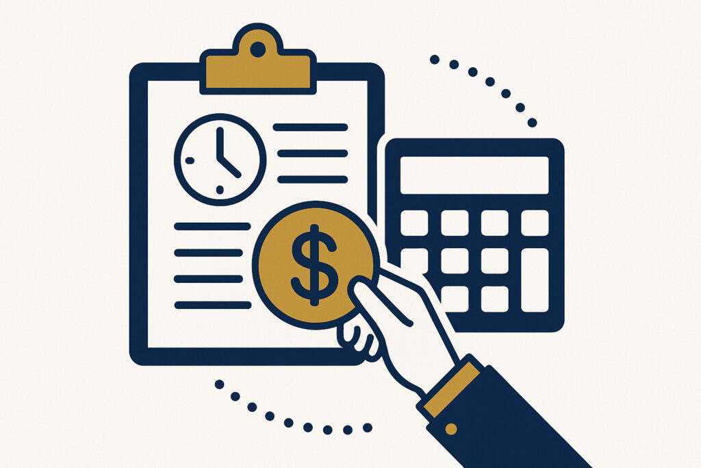 Ilustração representando cálculo de horas extras não pagas, com elementos de relógio, planilha e moeda em azul escuro e dourado