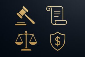 Imagem de capa luxuosa para artigo sobre advogado trabalhista, com ícones de justiça e dinheiro em azul escuro e dourado.