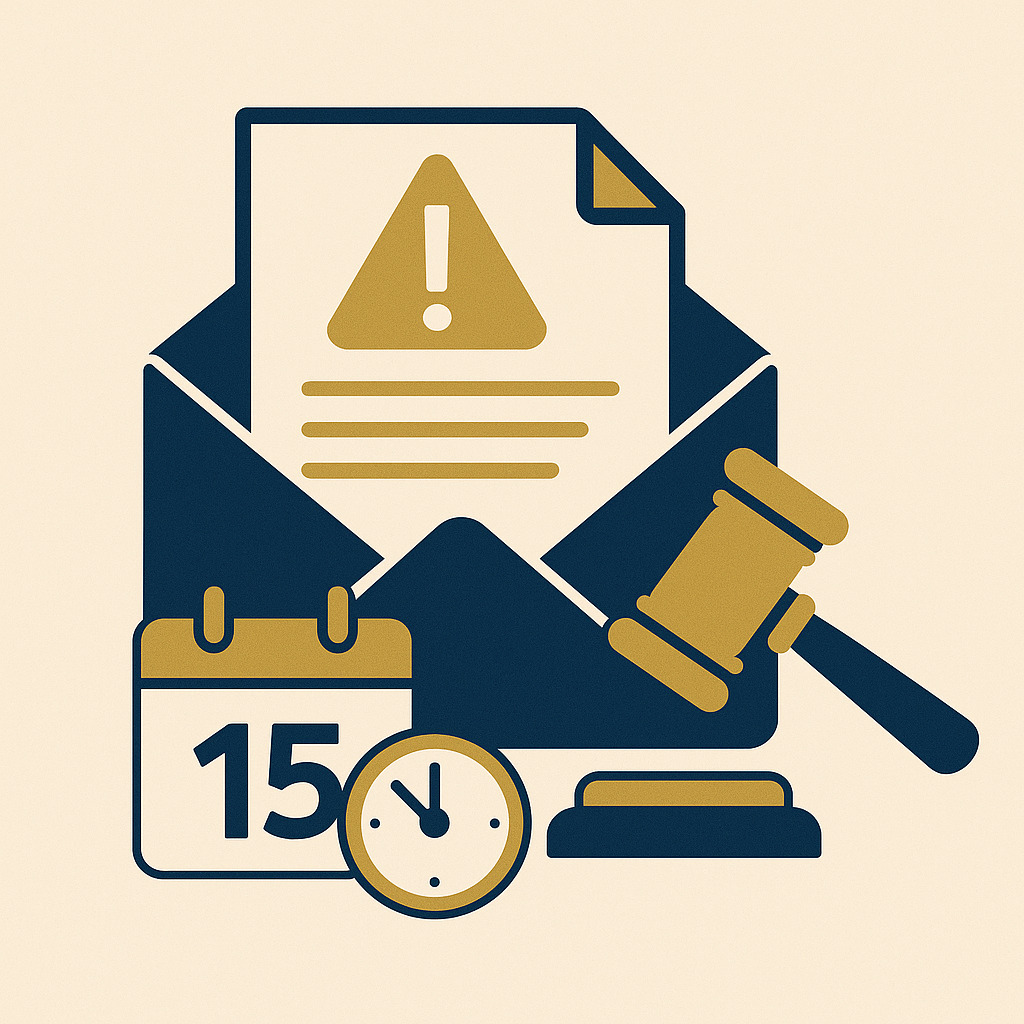 Envelope azul-escuro com notificação dourada, gavel, calendário de 15 dias e relógio, representando primeiro passo após citação em ação de improbidade administrativa