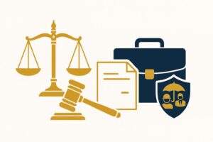 Como contratar o melhor advogado trabalhista - Guia completo com balança da justiça, documentos legais e símbolos de proteção trabalhista