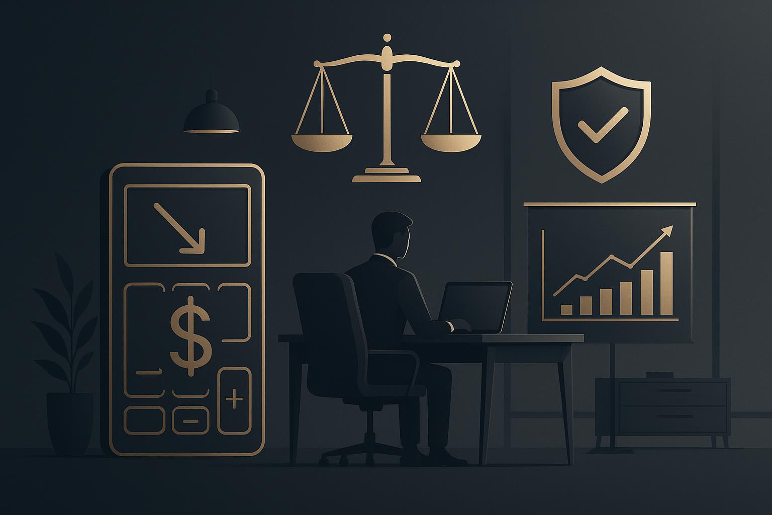 Ilustração profissional mostrando estratégias para reduzir custos com processos trabalhistas - balança da justiça, calculadora e escudo de proteção em estilo corporativo elegante
