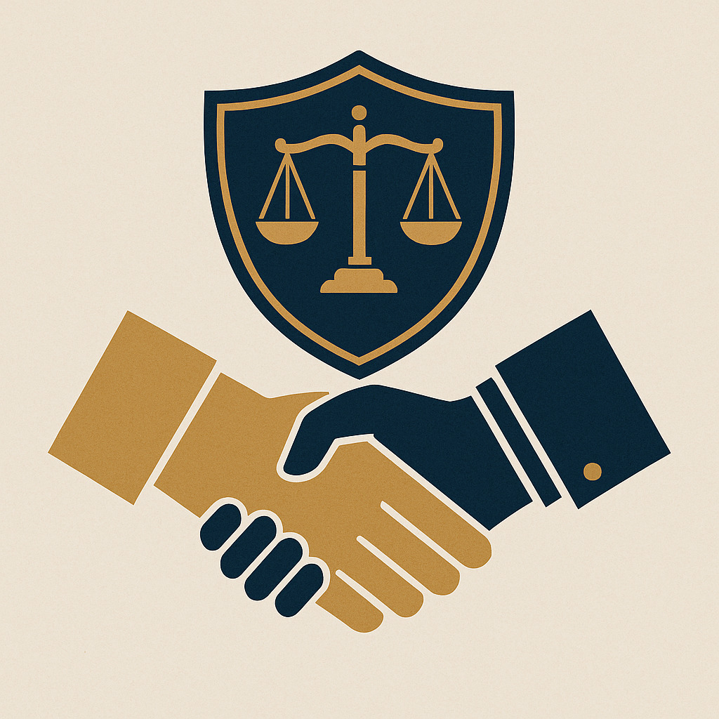 Aperto de mãos dourado e azul-escuro sob escudo com balança, simbolizando ação e proteção jurídica na conclusão da defesa em improbidade administrativa