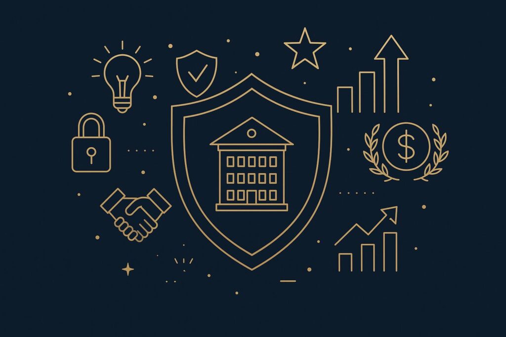 Ilustração de proteção empresarial com escudo, crescimento e sucesso representando a conclusão sobre como reduzir custos com processos trabalhistas