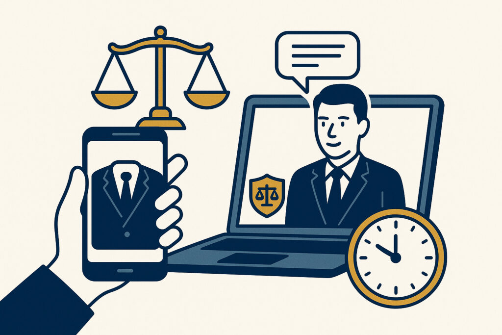 Ilustração representando a contratação online de advogado trabalhista para cobrar horas extras não pagas.