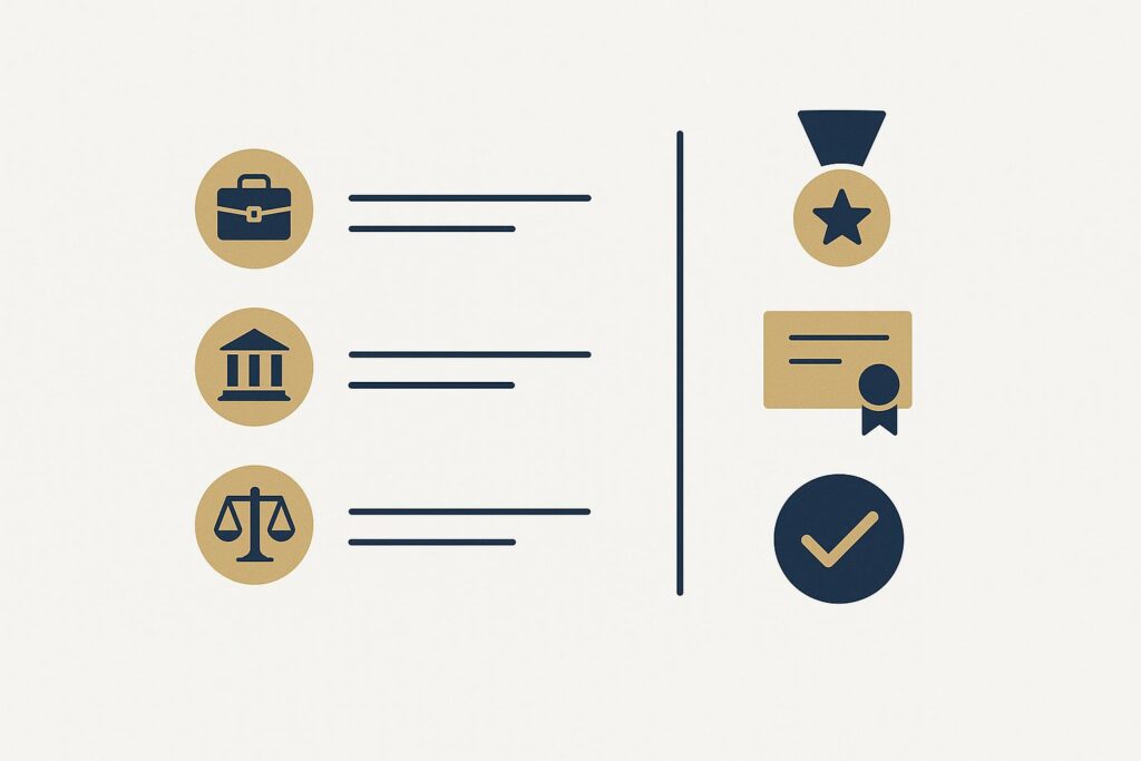 Critérios essenciais para contratar advogado trabalhista - Lista de qualificações, medalhas e certificações profissionais