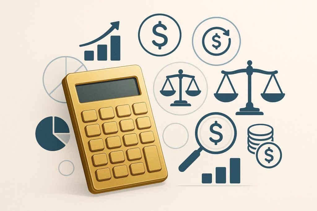 Calculadora dourada, ícones financeiros em azul escuro, símbolos de investimento, balança custo-benefício
