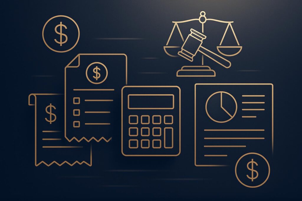 Ilustração de custos trabalhistas mostrando documentos financeiros, calculadora e símbolos monetários para empresários que querem reduzir custos com processos trabalhistas