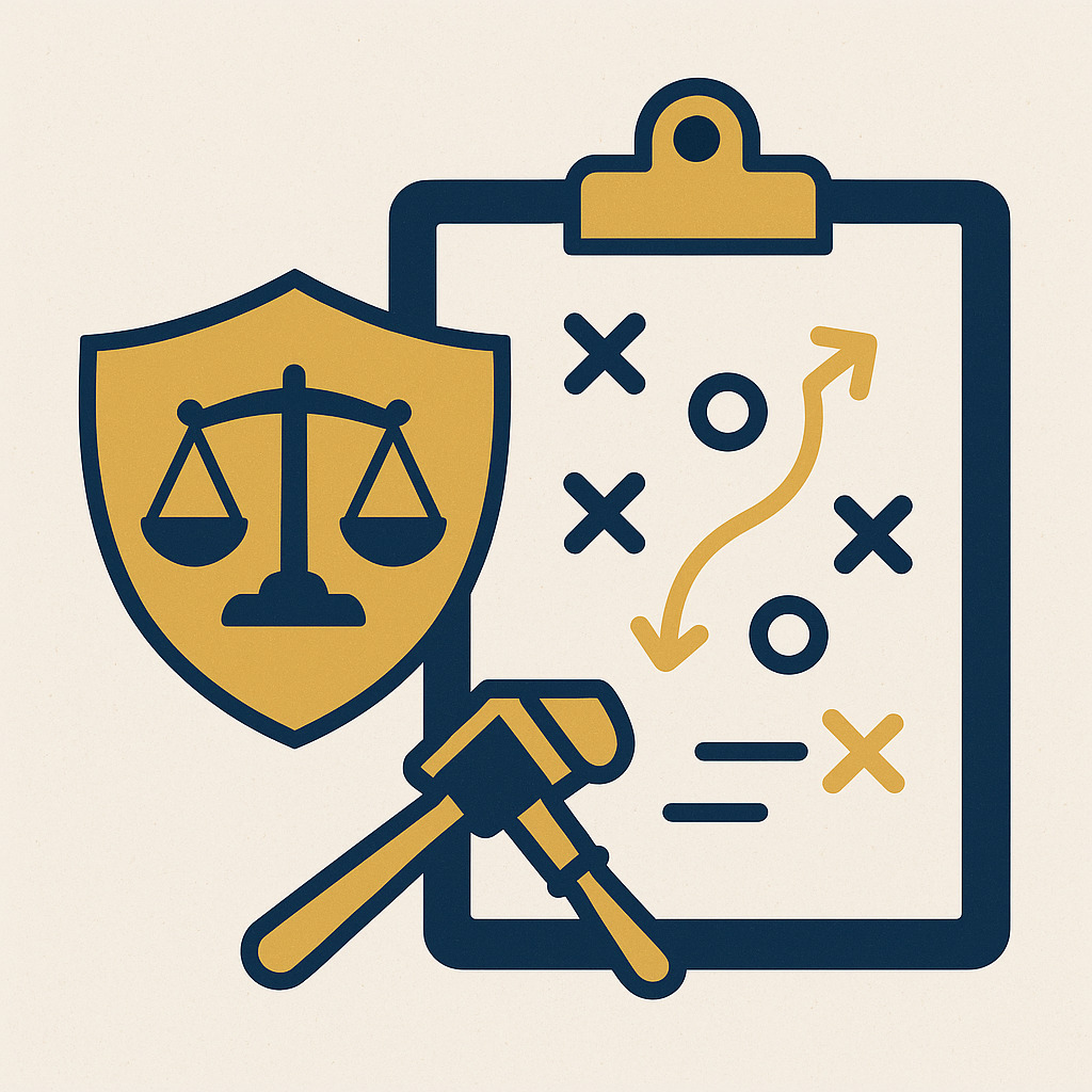 Prancheta com diagrama tático, escudo da balança e martelo jurídico ilustrando passo a passo da defesa em ação de improbidade administrativa