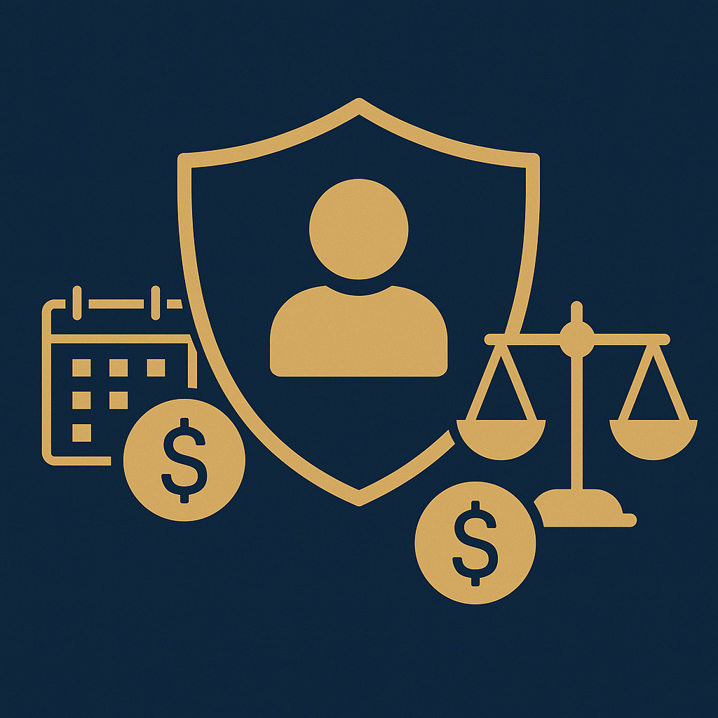 ícones dourados representam os direitos dos herdeiros na morte por acidente de trabalho, com elementos de justiça e benefícios financeiros sobre fundo azul escuro
