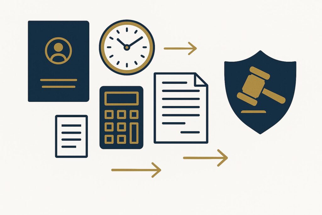 Direitos trabalhistas e ações práticas - Carteira de trabalho, relógio de horas extras, calculadora e proteção legal